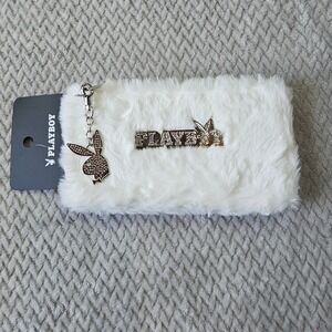Playboy White Faux Fur Wallet Spencer's Exclusive Rhinestone Logo NWT